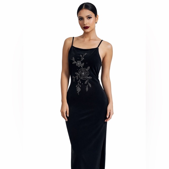 Vintage 90s 1990s Velvet Beaded Floral Dress Size Large Black Slit Prom  Formal #